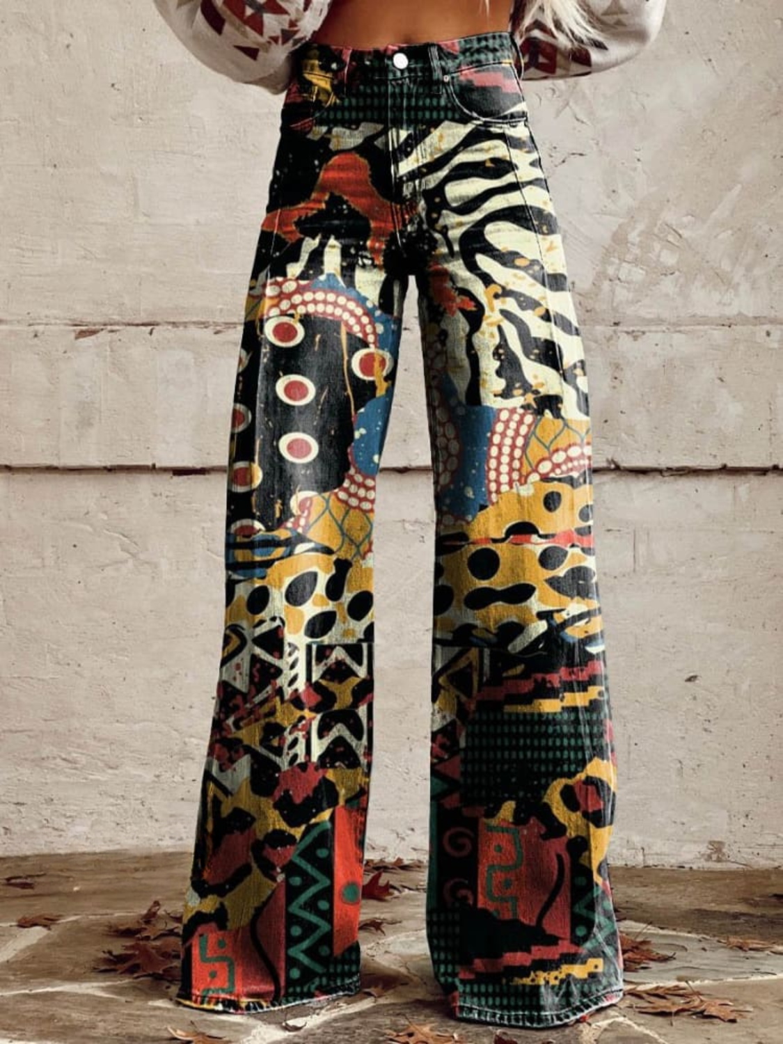 MELODIE | Stijlvolle en gedurfde kunstpatroon broek met wijde pijpen