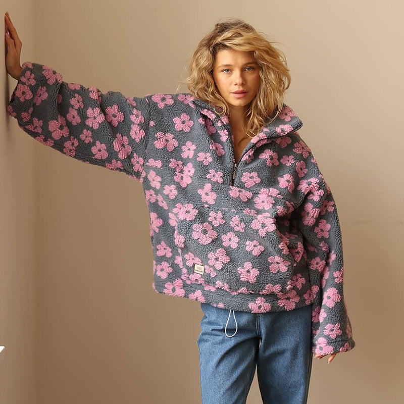 Sofia - Fleece-Pullover met bloemendruk en lange mouwen